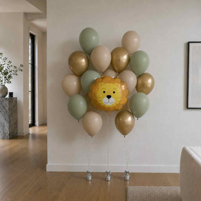 Balloon arrangement with a lion face design in a room setting