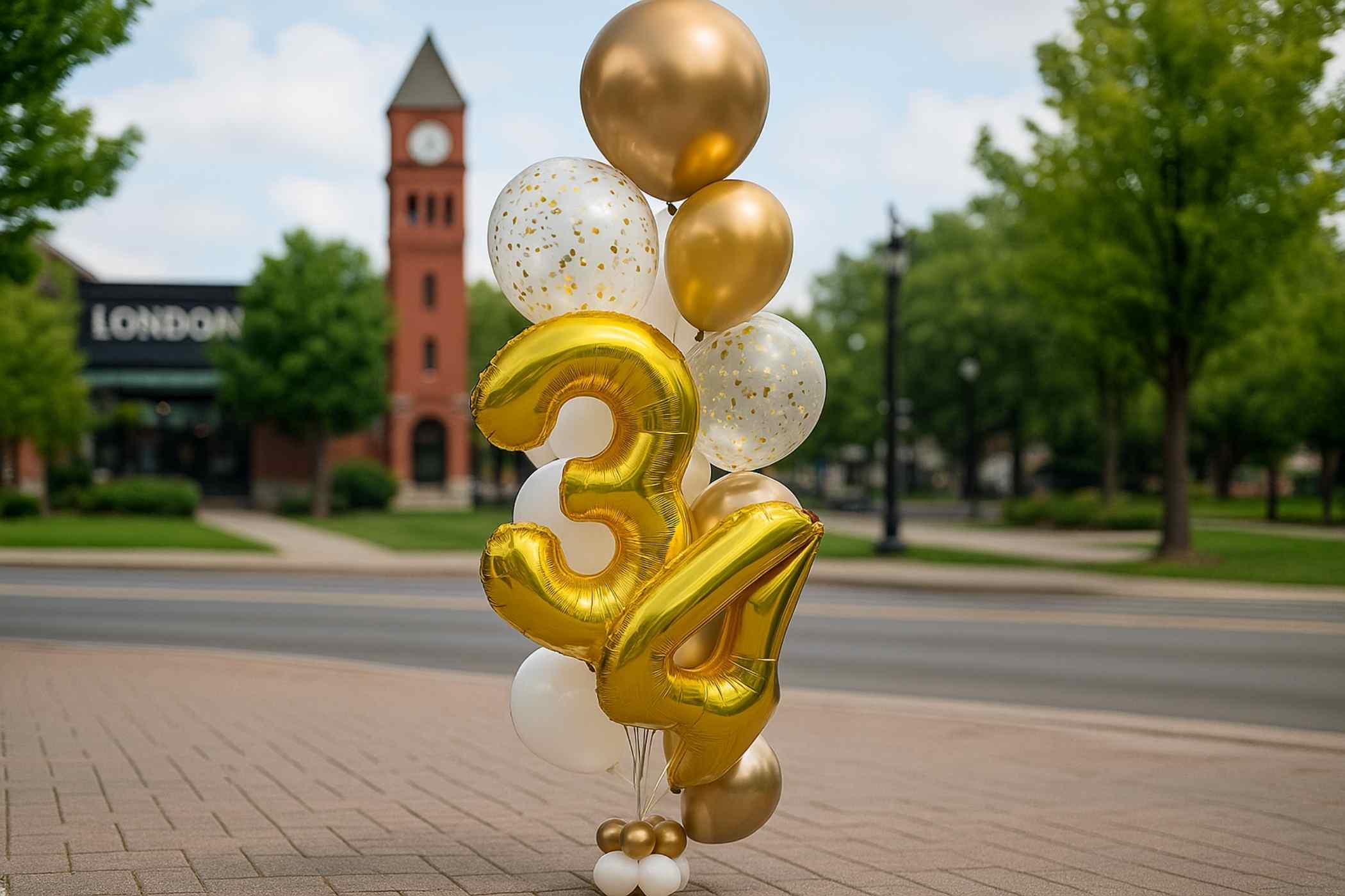 Gold and white balloons with number '34' in front of a clock tower.