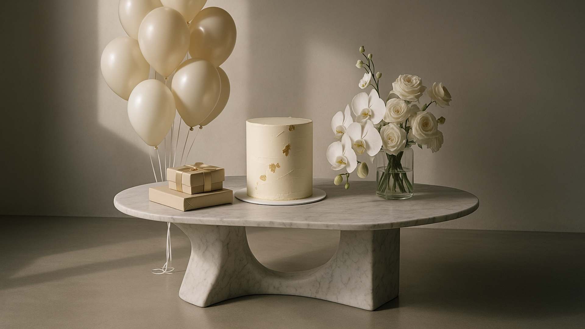 Round stone table with a cake, balloons, and flowers on a neutral background