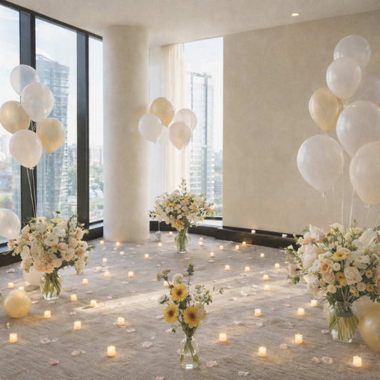Decorated room with balloons, flowers, and candles in a modern building setting