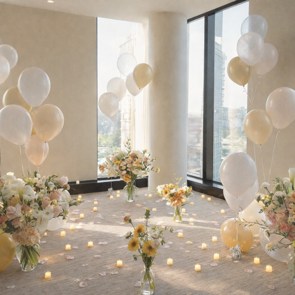Decorated room with balloons, flowers, and candles in a modern building.