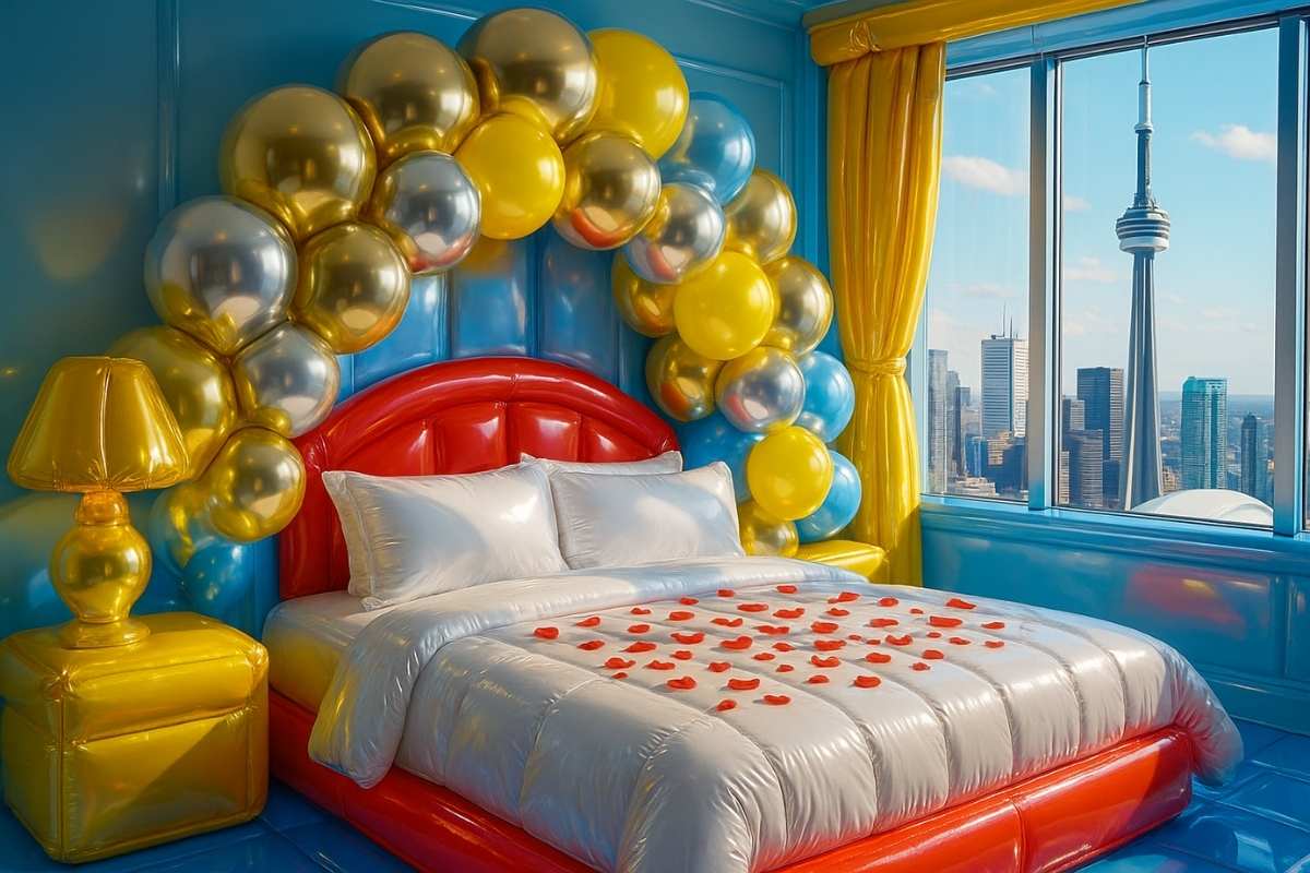 Colorful balloon arch over a bed with a cityscape view through large windows.