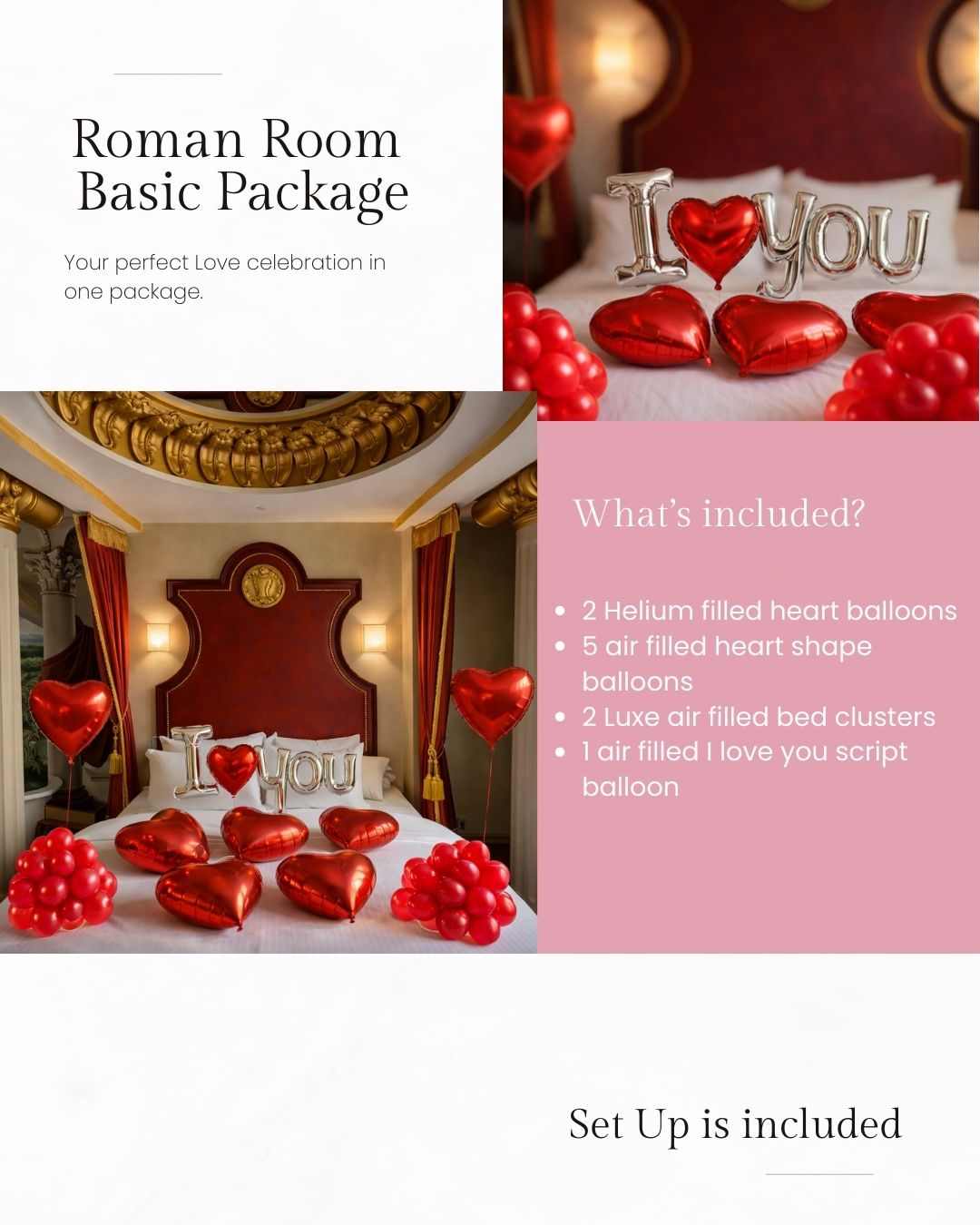 Advertisement for a 'Roman Room Basic Package' with heart-shaped balloons and 'I Love You' script balloon.