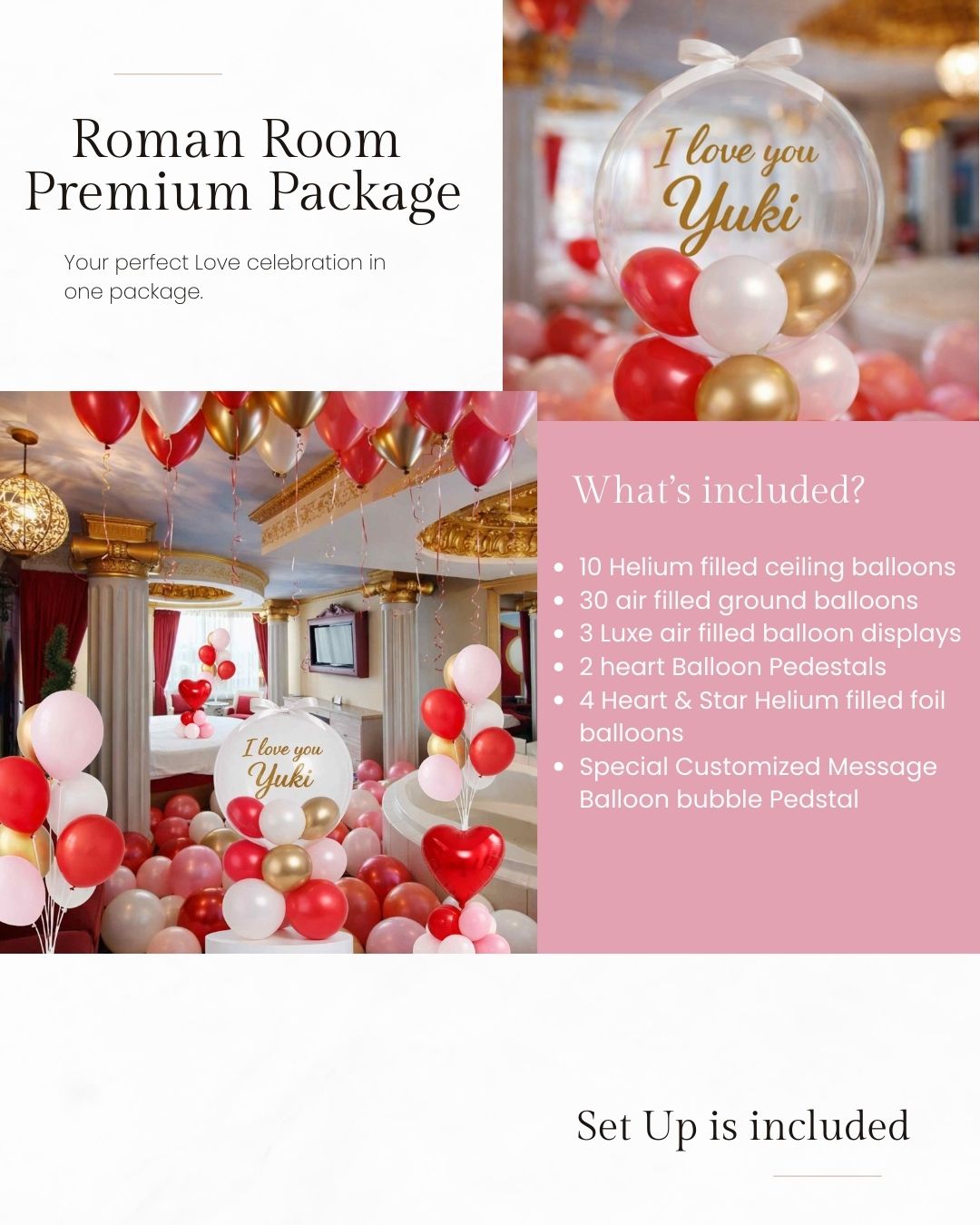 Advertisement for Roman Room Premium Package with balloons and 'I love you Yuki' sign.