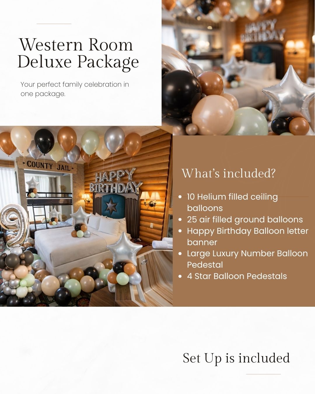 Advertisement for a Western Room Deluxe Package with balloons and birthday decorations.