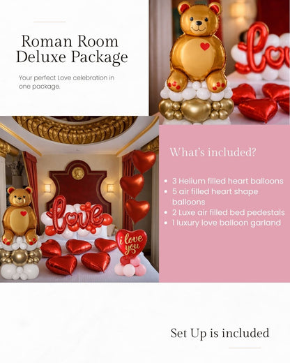 Advertisement for Roman Room Deluxe Package with balloons and decorations.