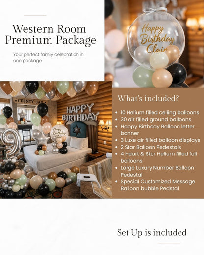 Advertisement for a Western Room Premium Birthday package with balloons and decorations.