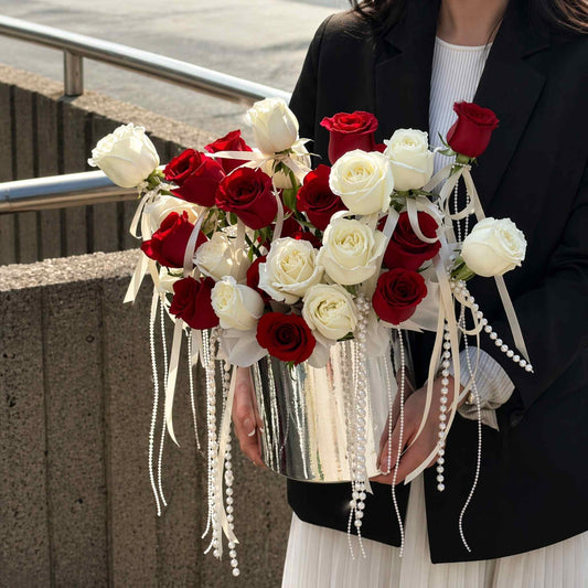 Luxury Romantic Love White and Red Roses Flower Basket