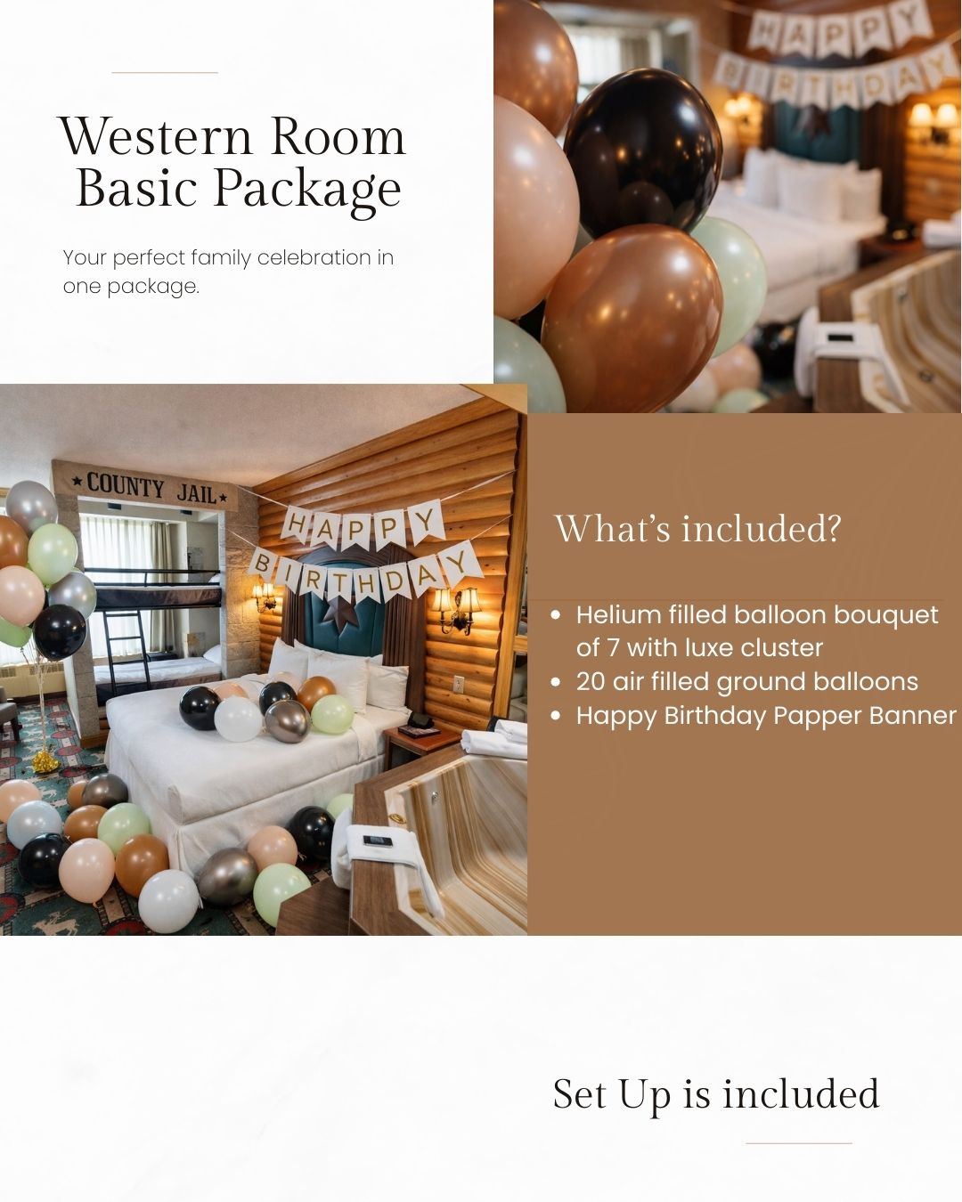 Advertisement for a Western Room Basic Package with balloons and birthday decorations.