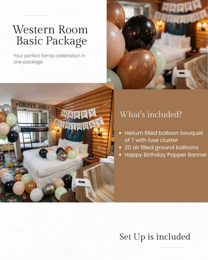 Advertisement for a Western Room Basic Package with balloons and birthday decorations.