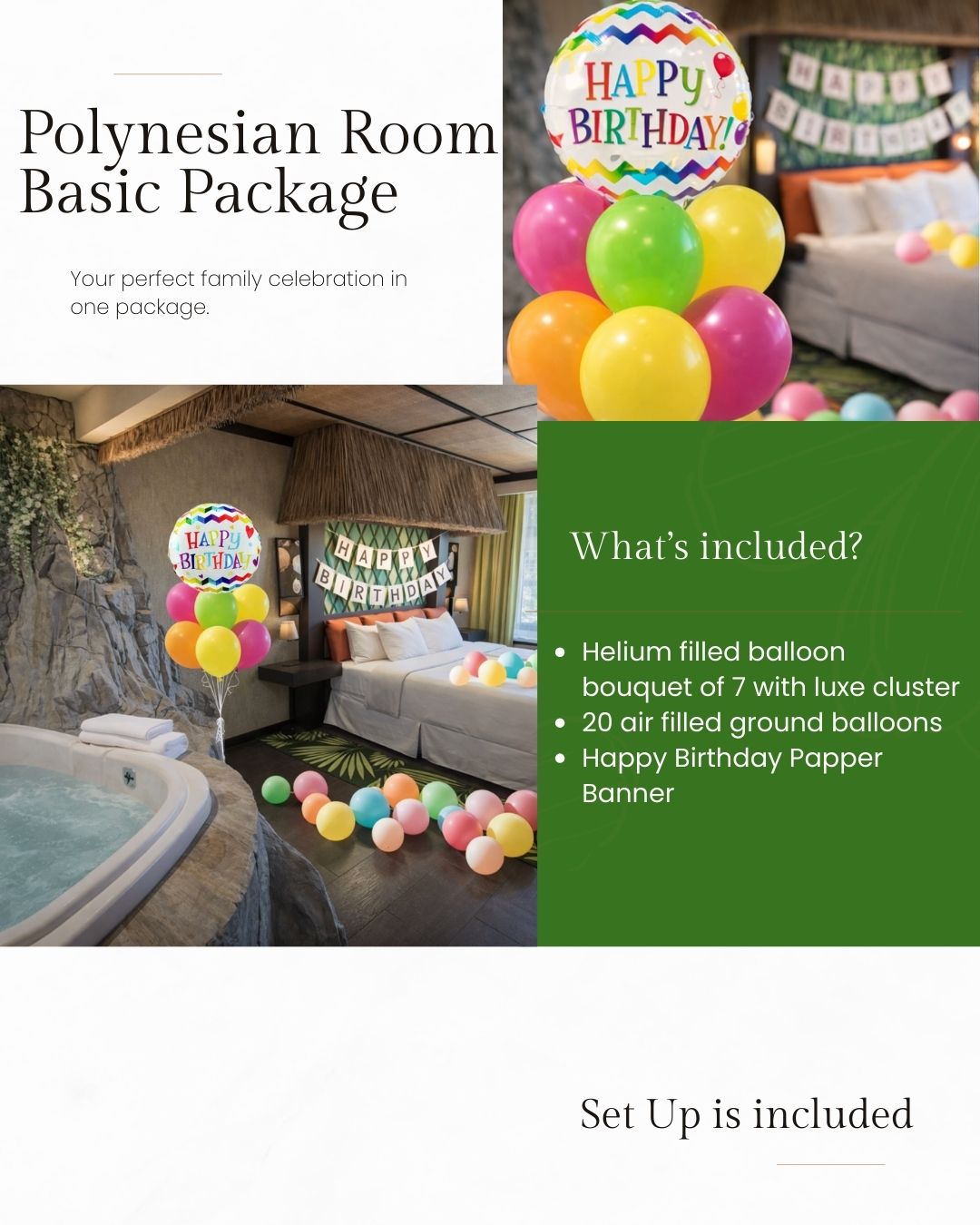 Advertisement for Polynesian Room Basic Package with balloons and birthday decorations.