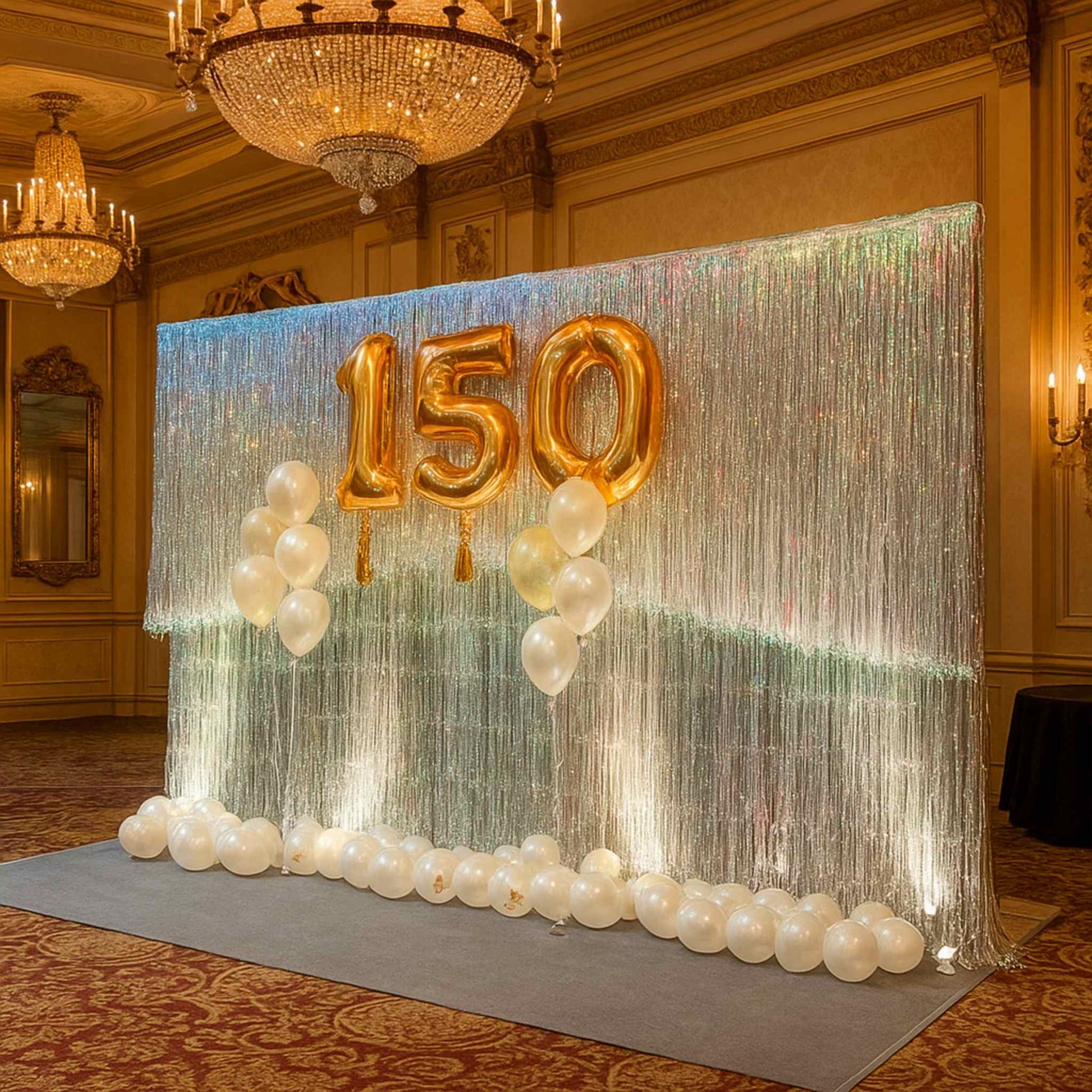 Decorative setup with '150' balloons and streamers in a formal room.