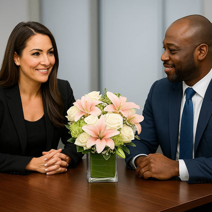 Two professionally dressed individuals sitting at a table with a bouquet of flowers between them.