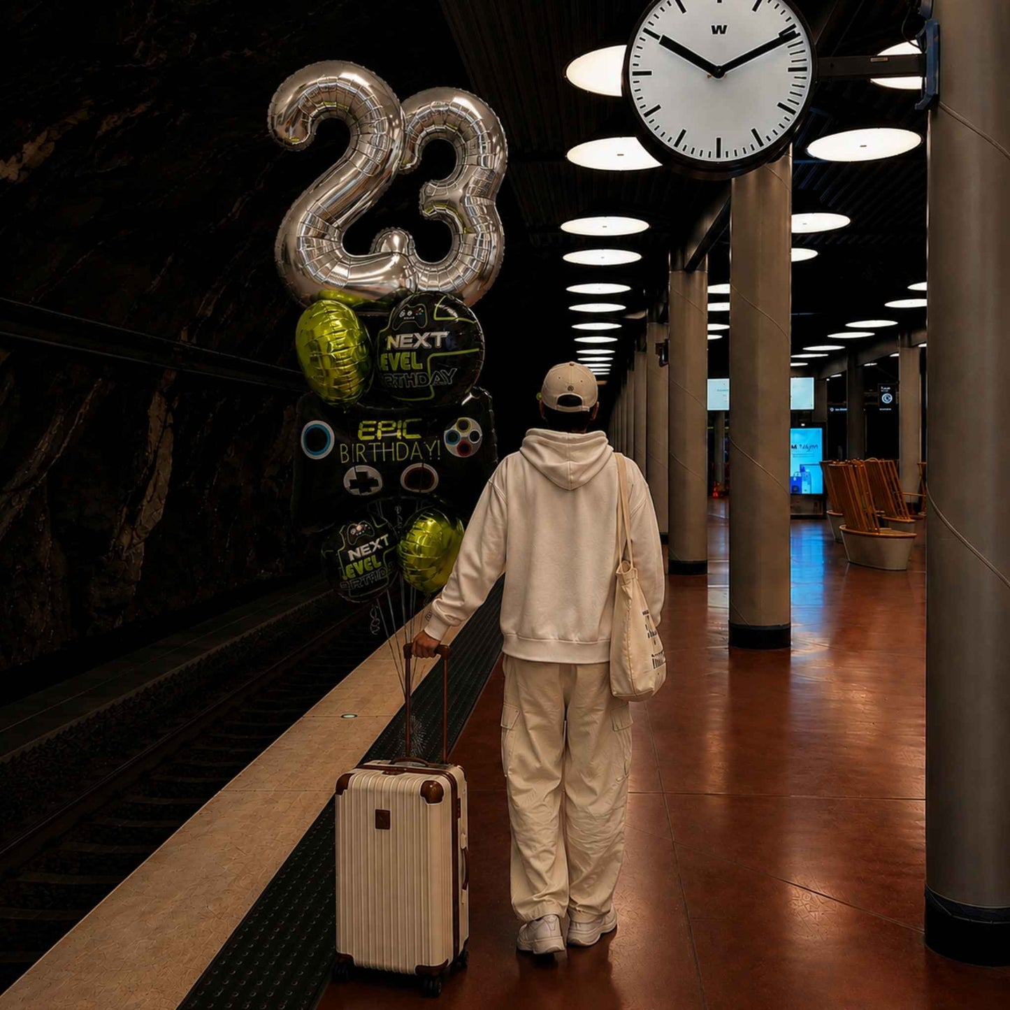 A person in a matching cream-colored hoodie and sweatpants walks away on a train platform, pulling a silver suitcase and holding a cluster of birthday balloons that spell '23' and say 'Next Level Epic Birthday'.