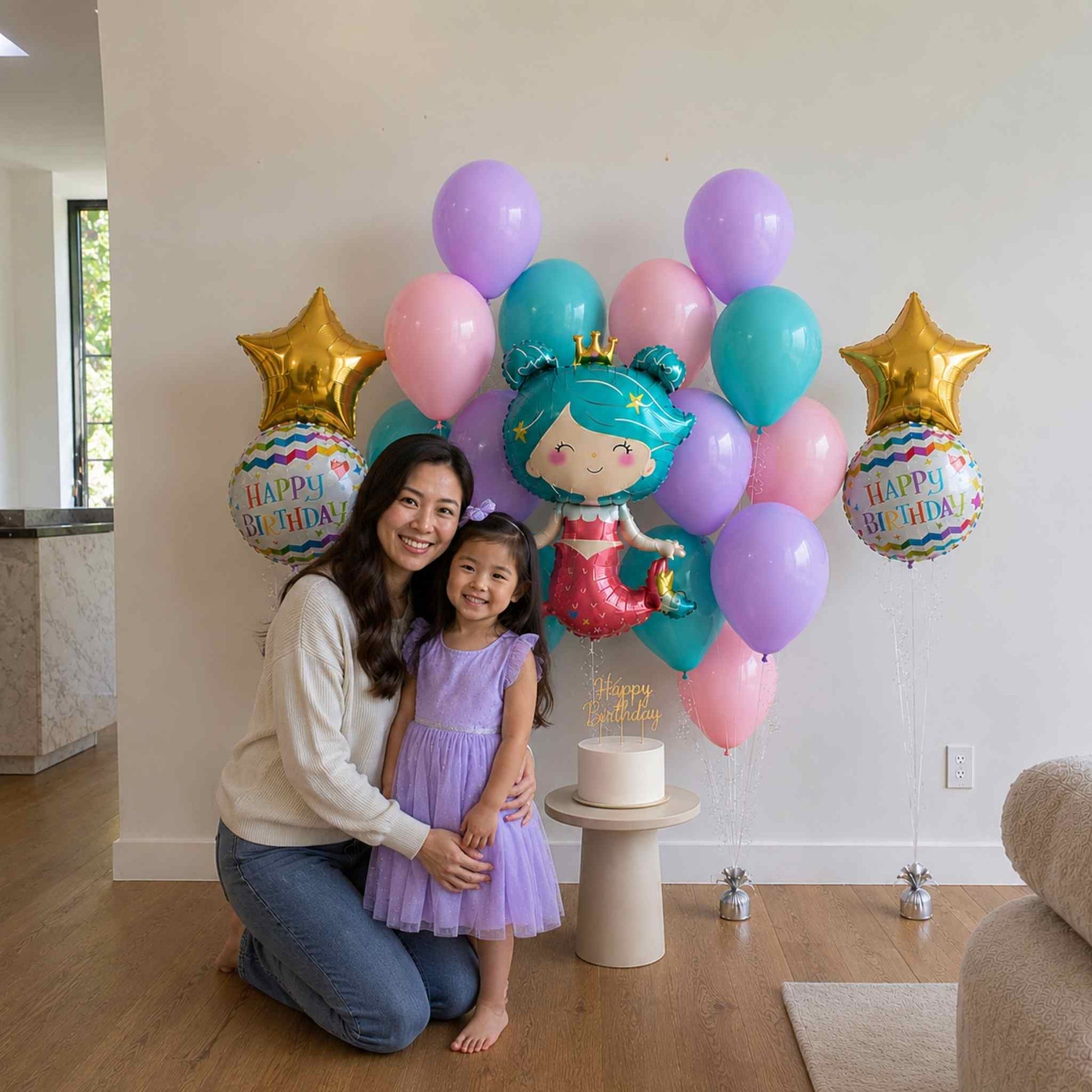 Woman and child in front of a birthday balloon display with a cake.