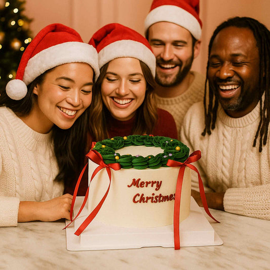Four people wearing Santa hats around a Christmas-themed cake with a wreath design.