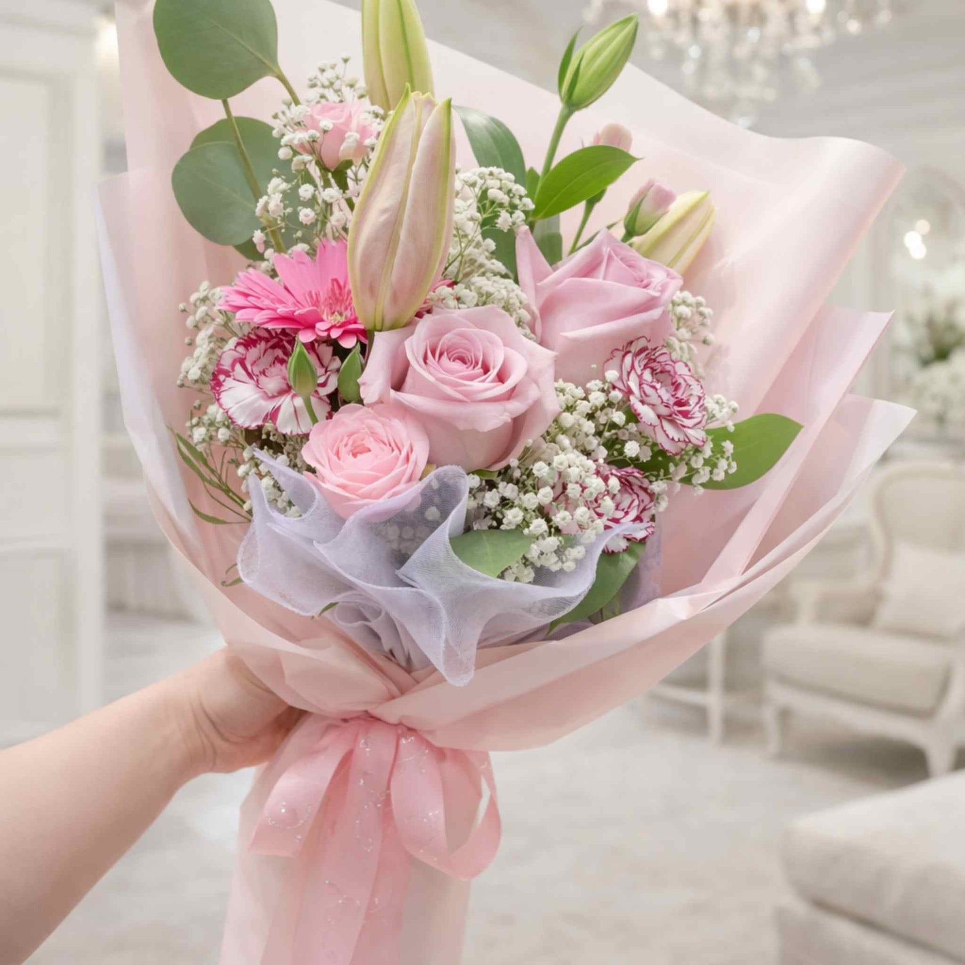 Bouquet of pink flowers with green leaves held by a hand, blurred indoor background