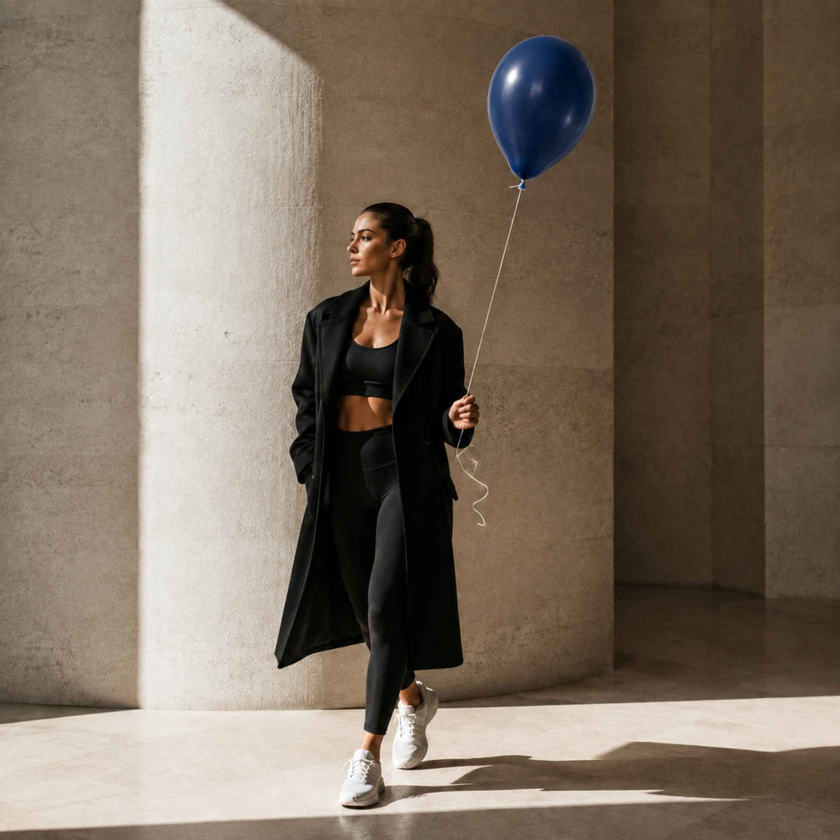 A woman in a black activewear set with a long black coat walks through a sunlit concrete corridor while holding a blue balloon.