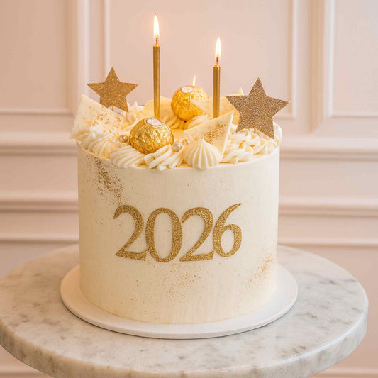 Cake with '2026' on top, gold decorations, and lit candles against a light background