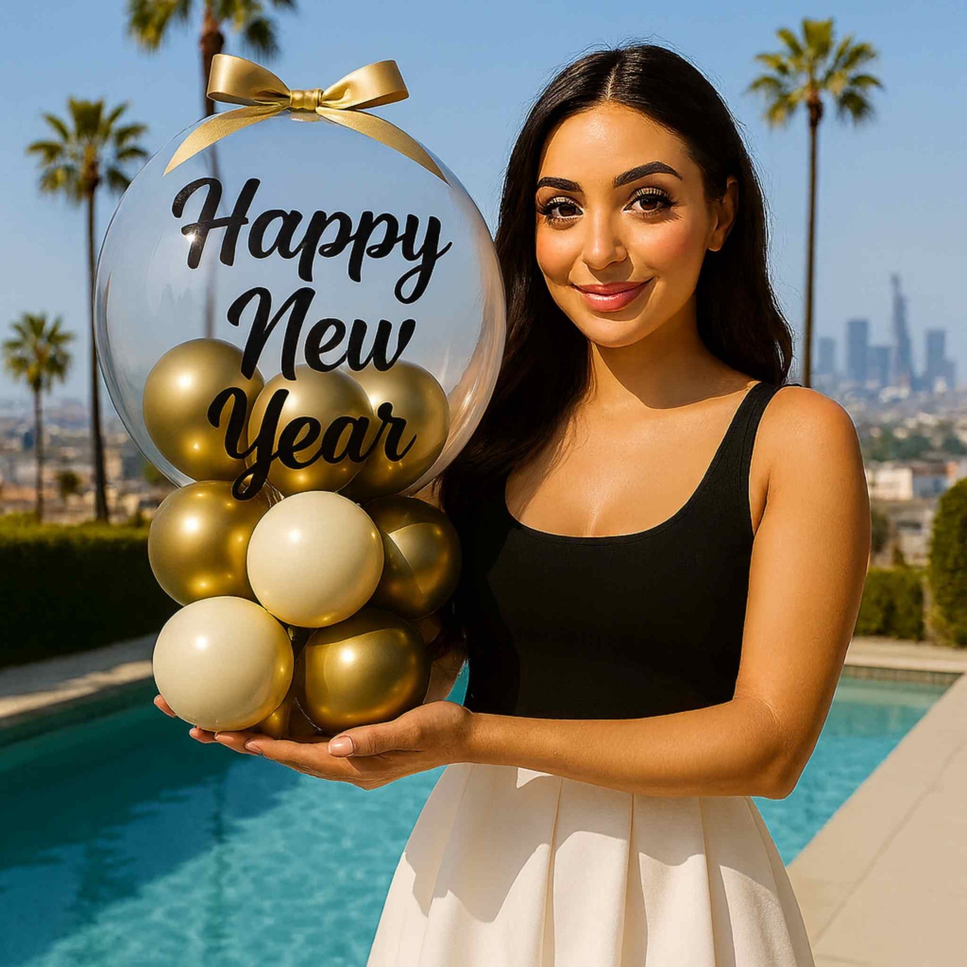 Woman holding a 'Happy New Year' balloon with gold and white balloons against a cityscape background.