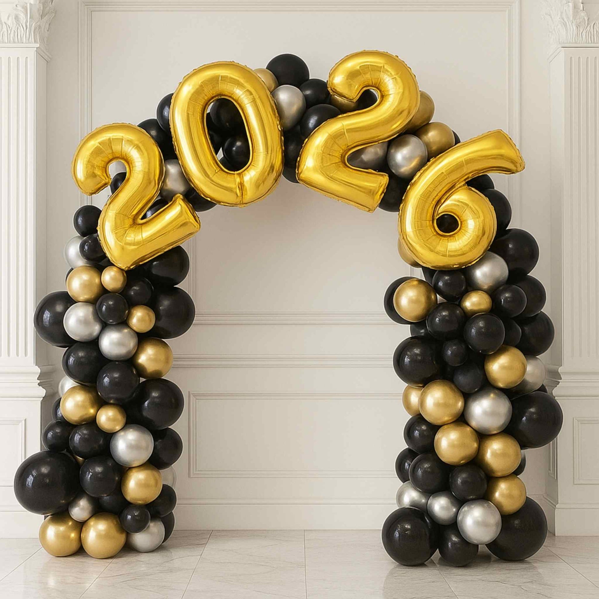 Balloon arch with '2026' numbers in gold, black, and silver on a white wall.
