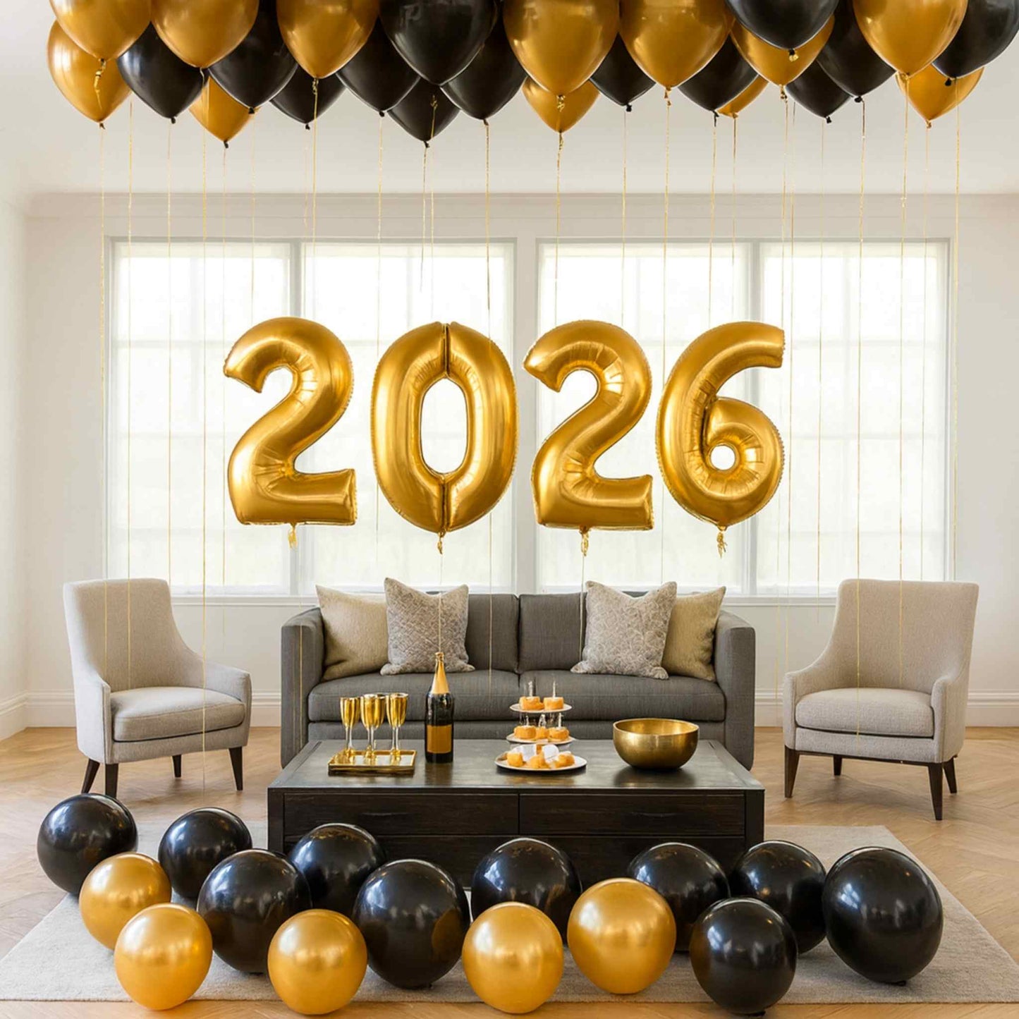 Decorative setup with '2026' gold balloons in a living room.