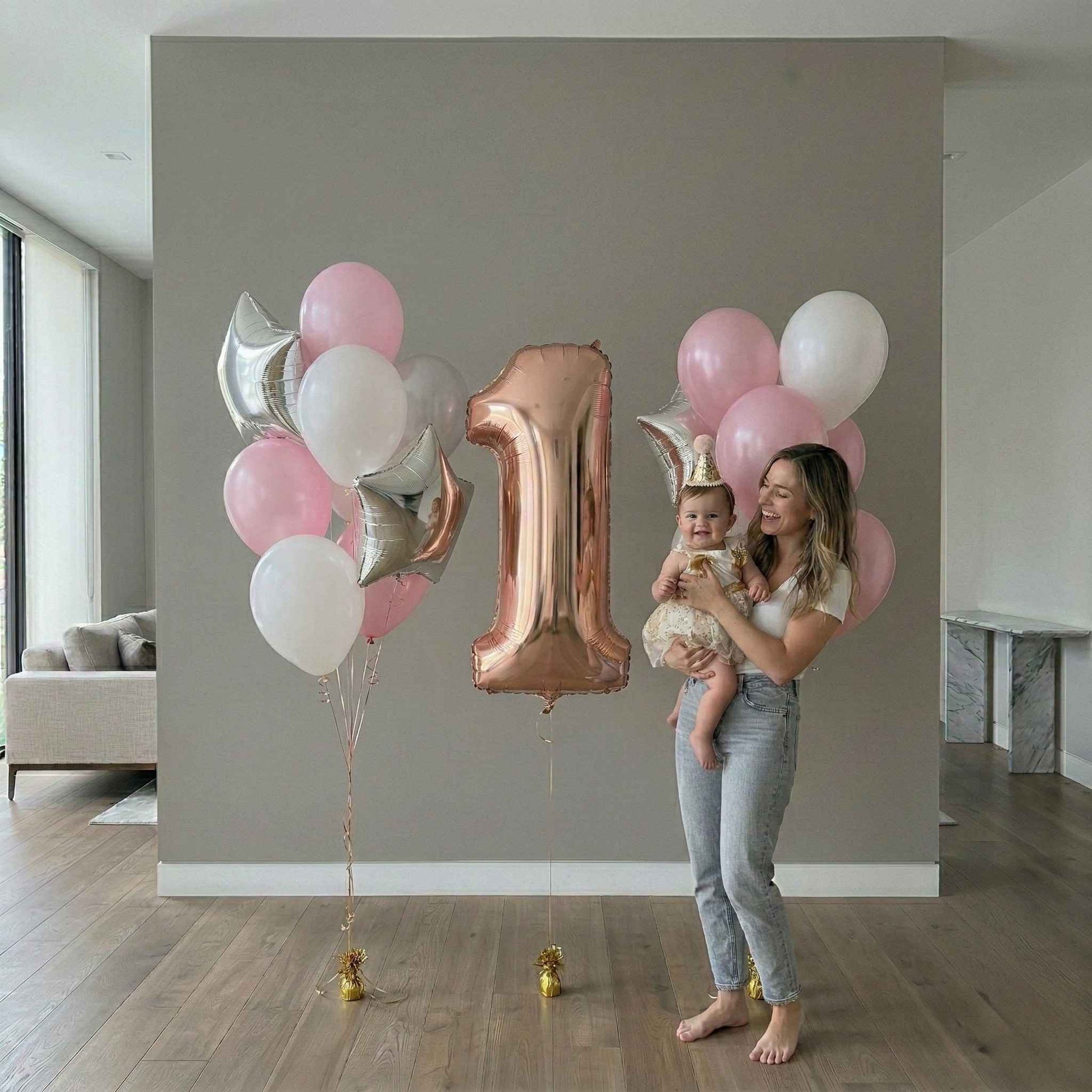 Woman holding a baby with pink and rose gold balloons and a large number '1' balloon in a room.