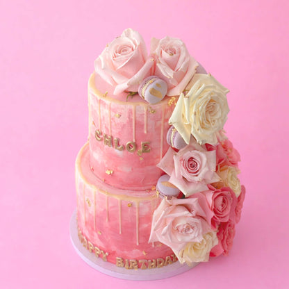 Gold Pink Bliss Wedding Birthday Floral Cake Two Tier