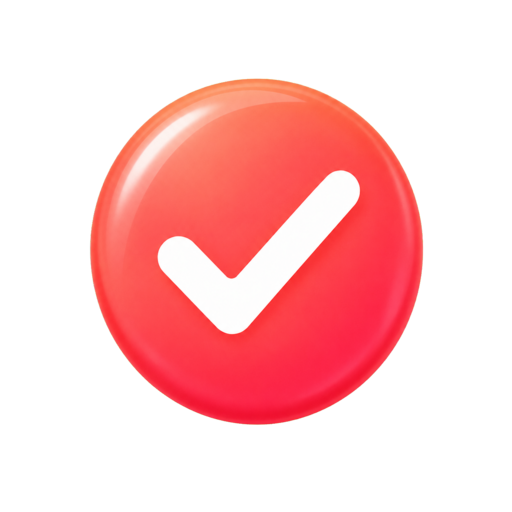 A glossy red circular button with a white checkmark icon, centered on a plain white background.
