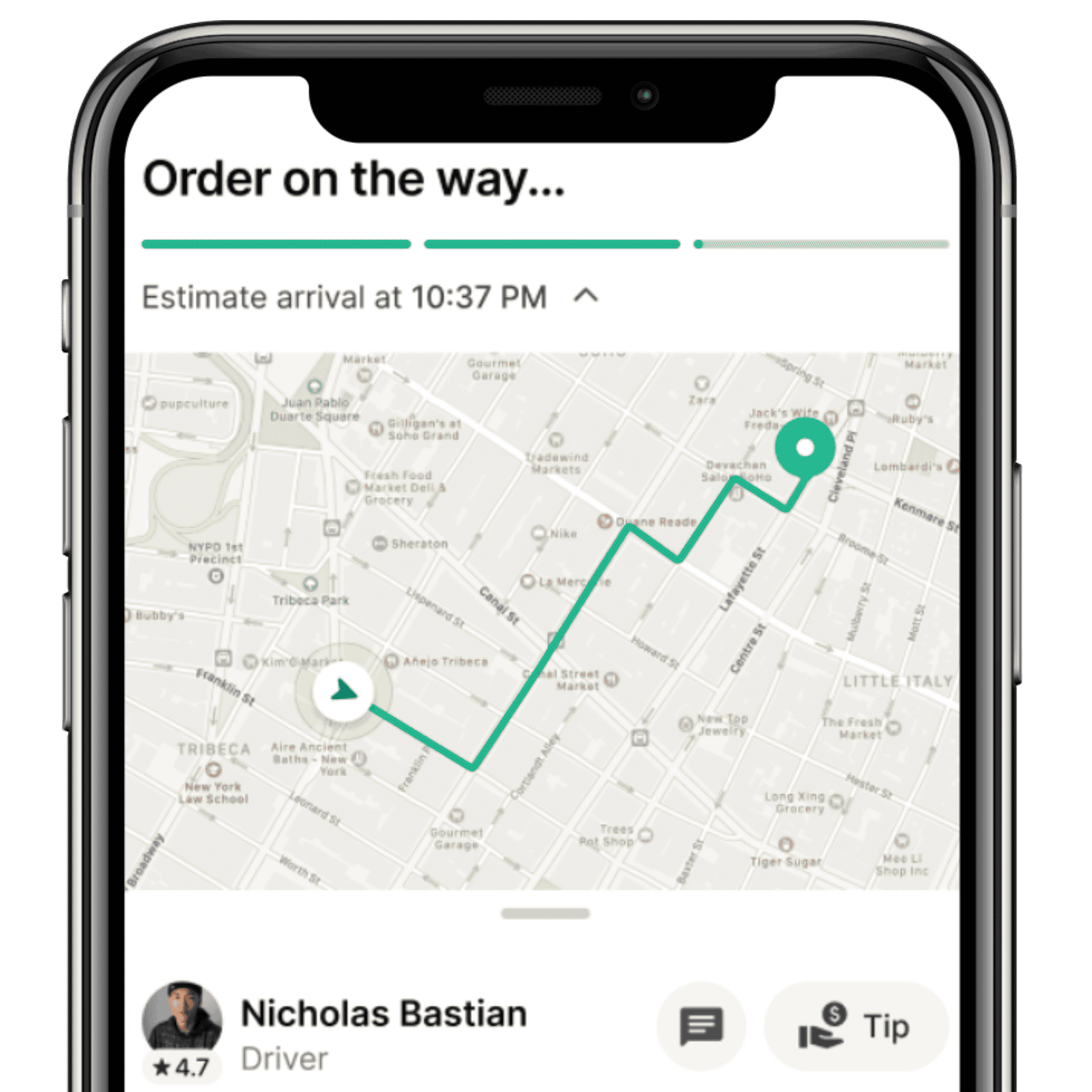 Phone screen showing a balloon delivery app with a map and driver oneupparty information tracking