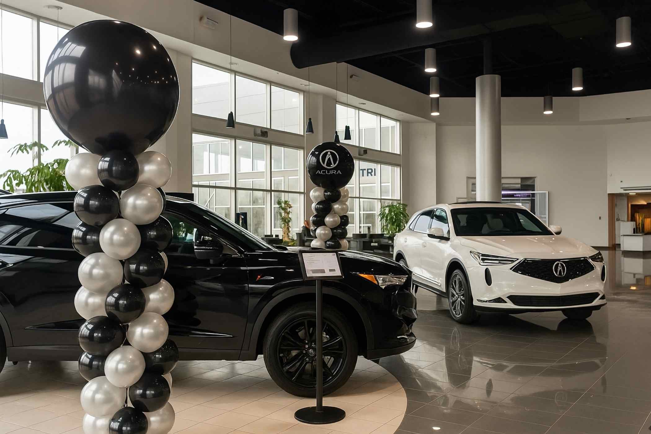 Acura cars in a showroom with decorative balloon arches.
