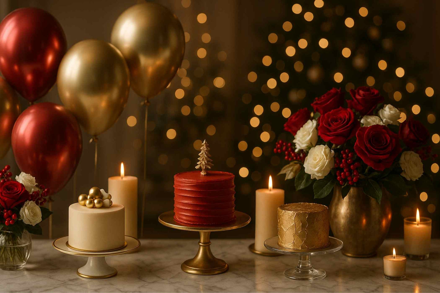 Decorative table setting with cakes, balloons, and candles against a warm, blurred background.