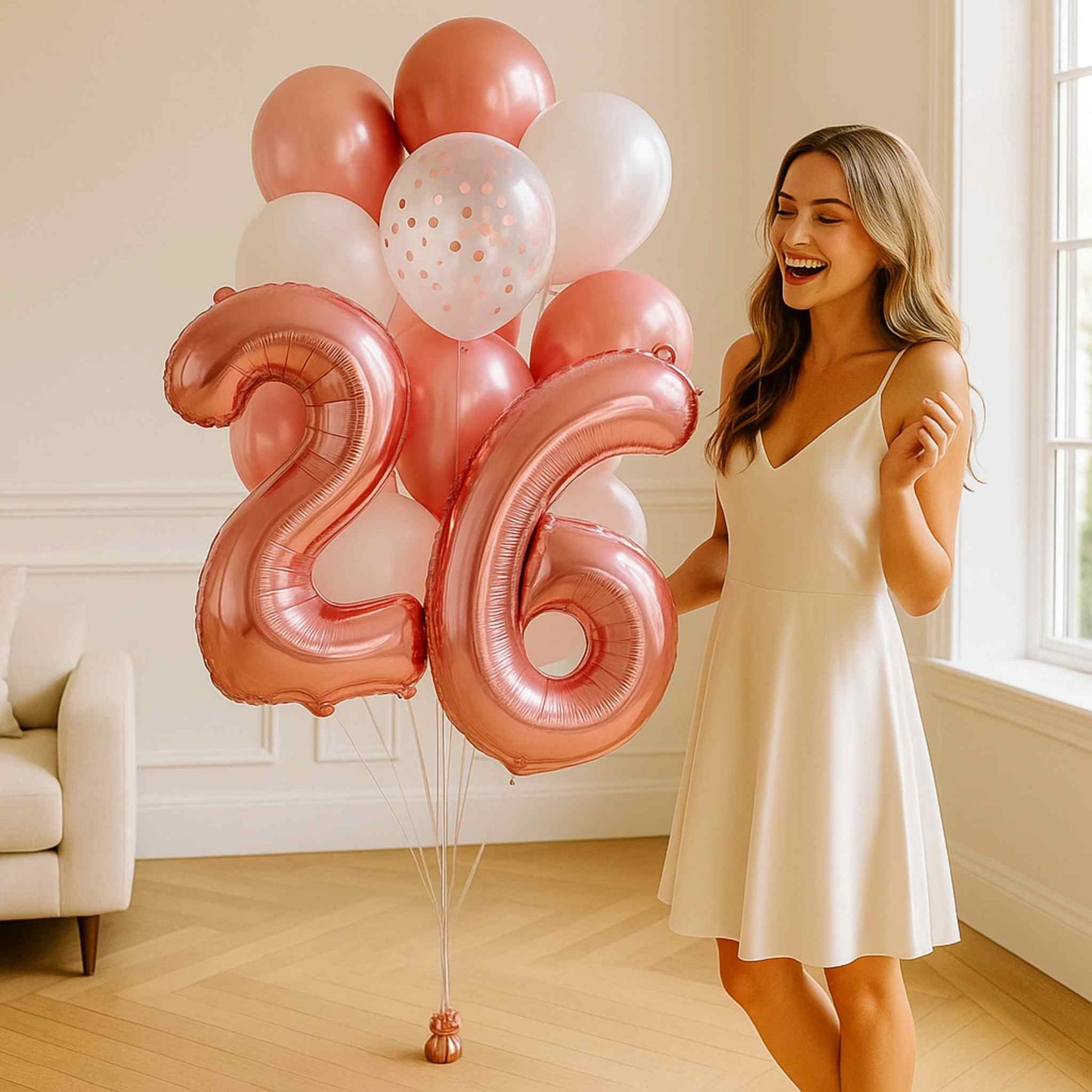 Woman in a white dress holding large pink '26' balloons indoors.