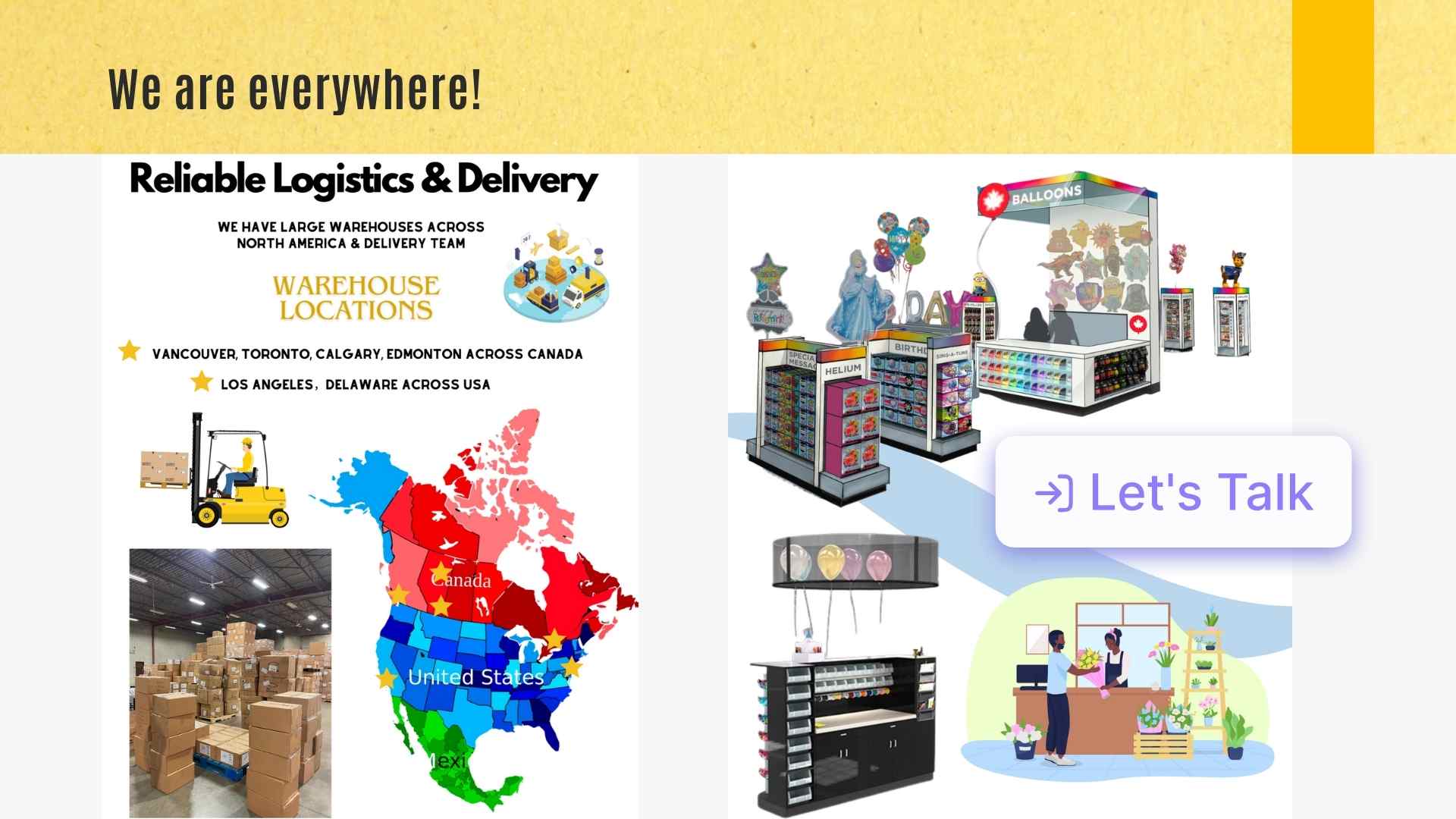 Promotional graphic for logistics and delivery services with warehouse locations and store displays.