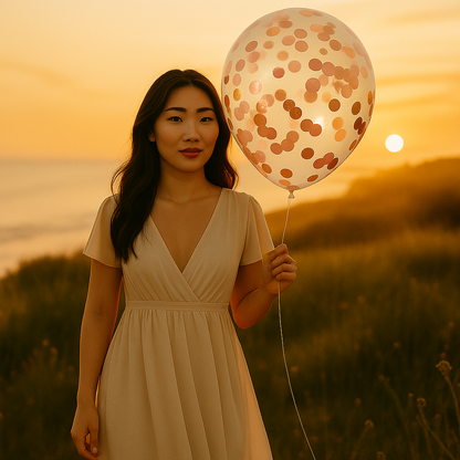 Woman holding a balloon with confetti at sunset in a field