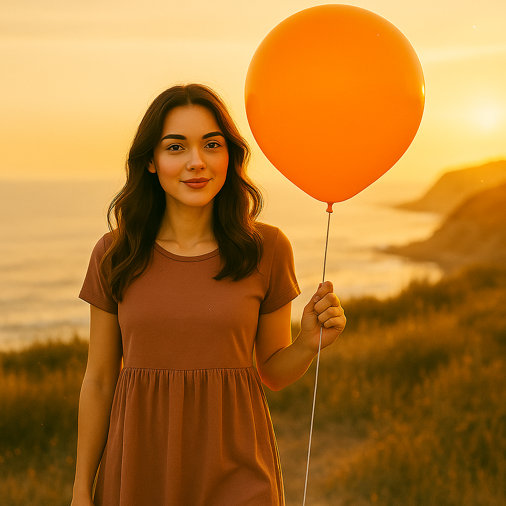 Woman holding an orange balloon against a sunset beach backdrop