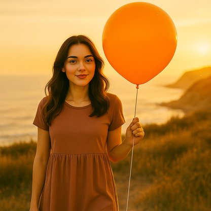 Woman holding an orange balloon against a sunset beach backdrop