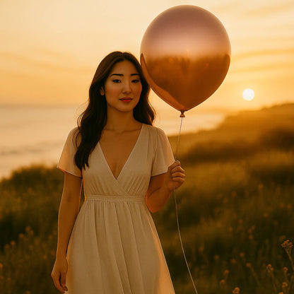 Woman holding a large rose gold balloon against a sunset sky.