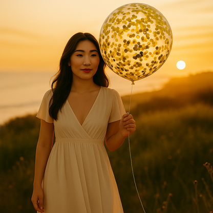 Woman holding a large balloon with a sunset in the background