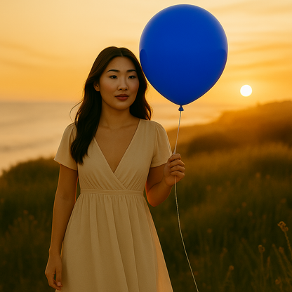 Woman holding a blue balloon against a sunset backdrop