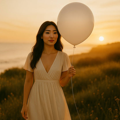 Woman holding a large white balloon in a field at sunset