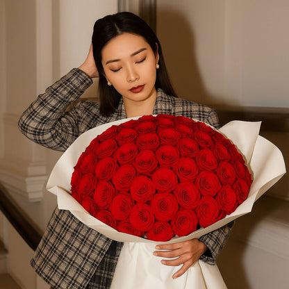 Woman holding a large bouquet of red roses indoors