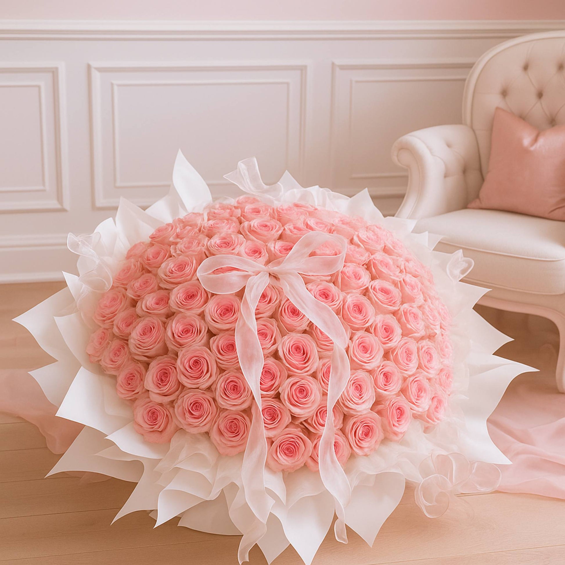 Large bouquet of pink roses with a white ribbon on a wooden floor, with a white armchair in the background.