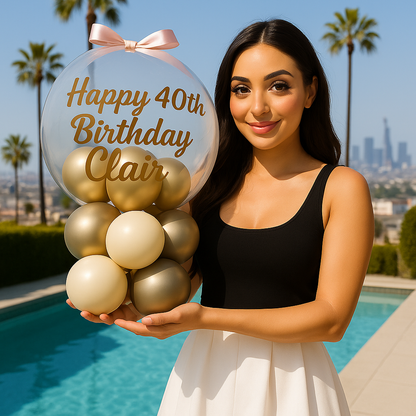 A woman holding a transparent round balloon with gold and white balloons inside, spelling out 'Happy 40th Birthday Clair' with a pink ribbon at the top.