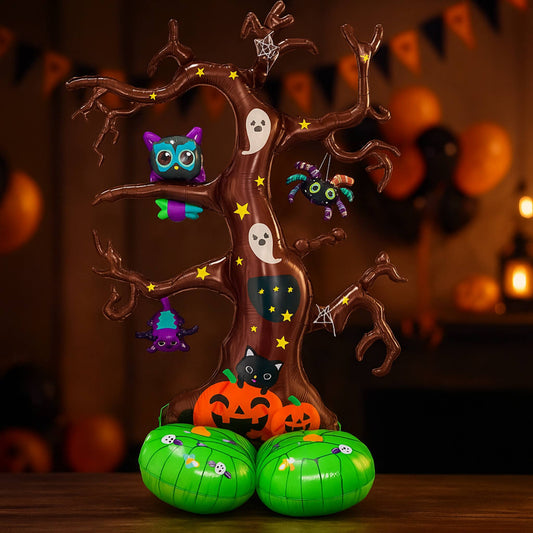 Halloween-themed decorative tree with pumpkins and decorations on a wooden surface.