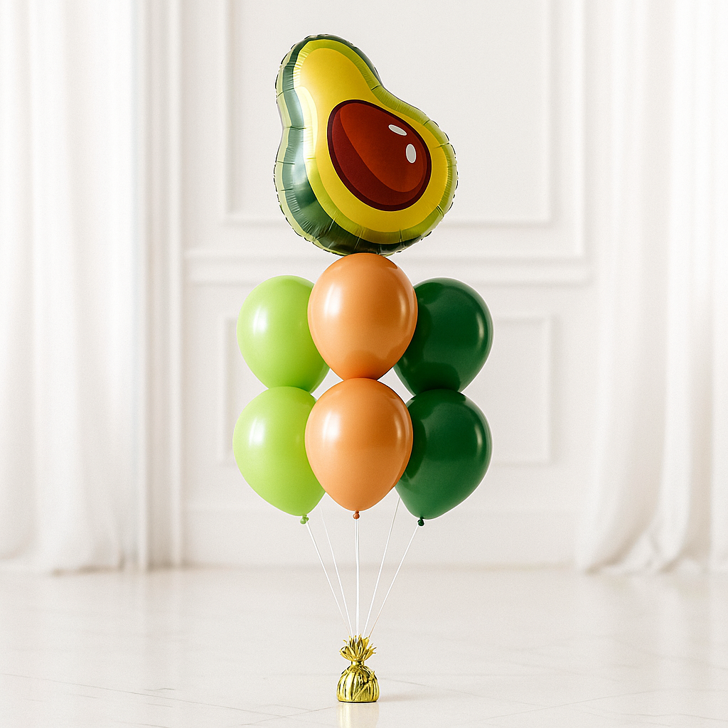Avocado-shaped balloon with green, orange, and brown balloons on a white background