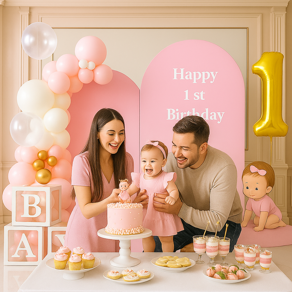 Family celebrating a first birthday with a cake, balloons, and decorations.