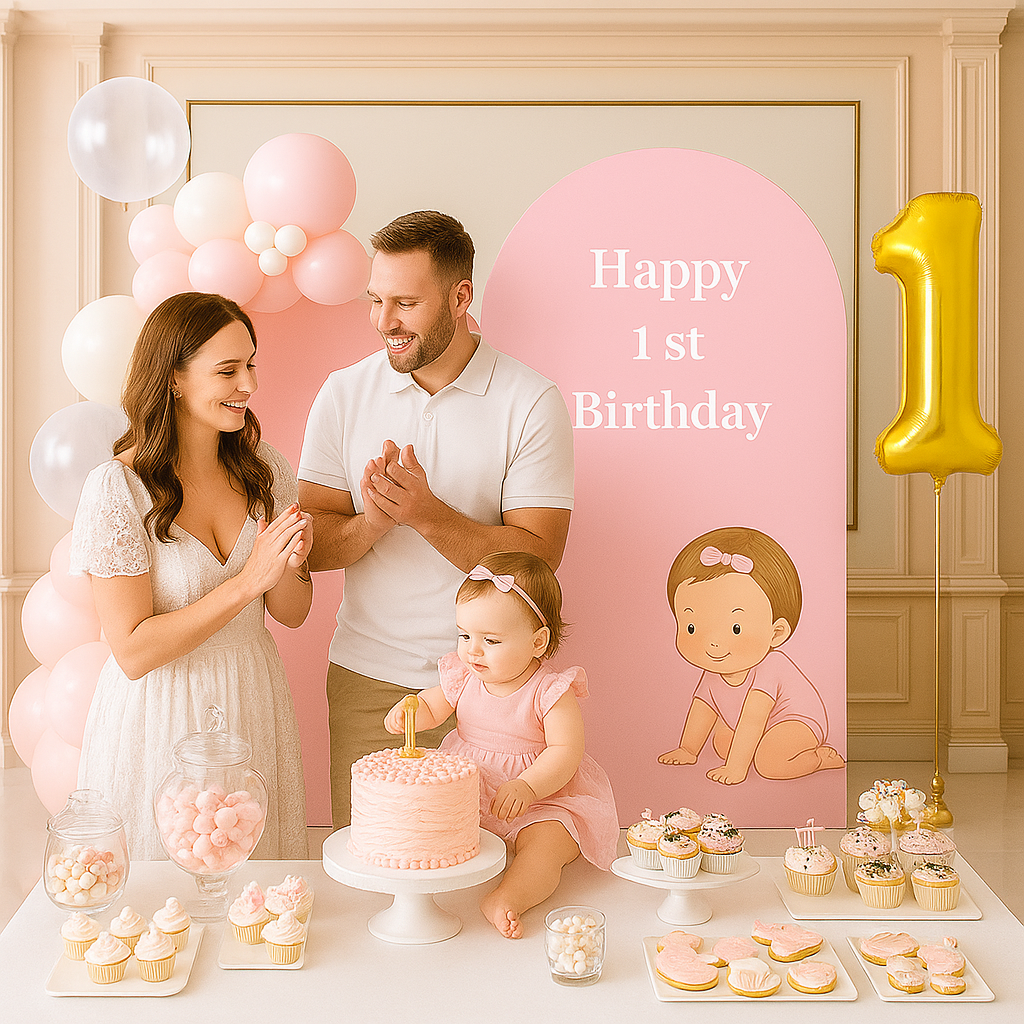 Family celebrating a child's first birthday with a cake, balloons, and decorations.