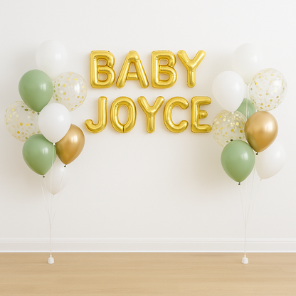 Luxe Eucalyptus & Chrome Gold Baby Name Balloon Set
