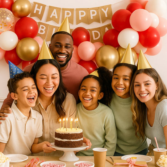 Family celebrating a birthday with balloons and a cake